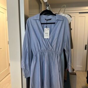 Zara Sky Blue V-Neck shirt dress (mini) - Size S